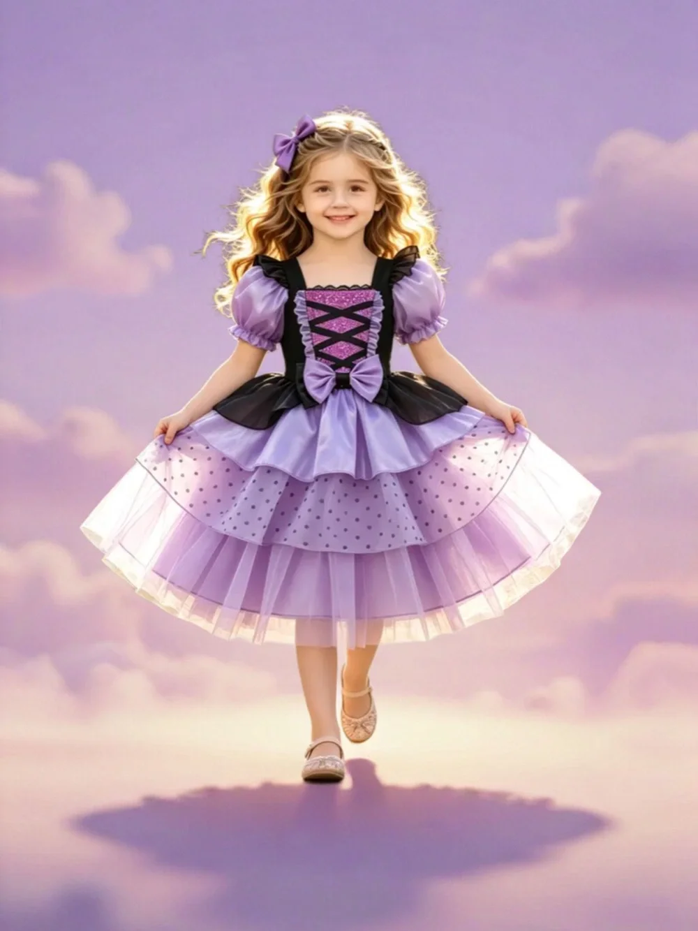 Purple Layered Tulle Kids Costume Dress with Bow